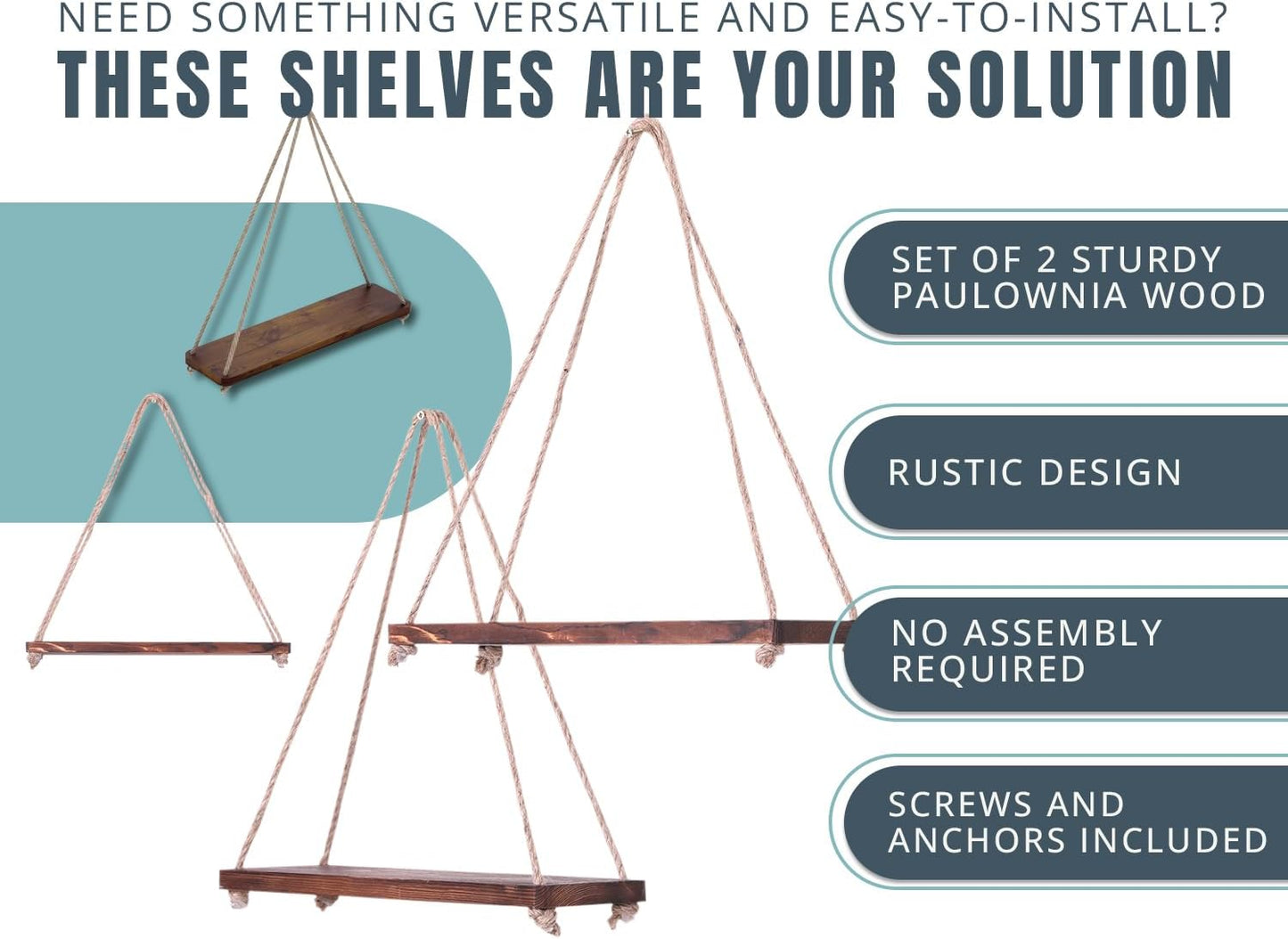 Rustic Set of 2 Wooden Floating Shelves with String – Farmhouse Hanging Shelves for Living Room Wall – Small Kitchen Shelves with Rope – 17”X5.2” – Distressed, Torched Brown Color
