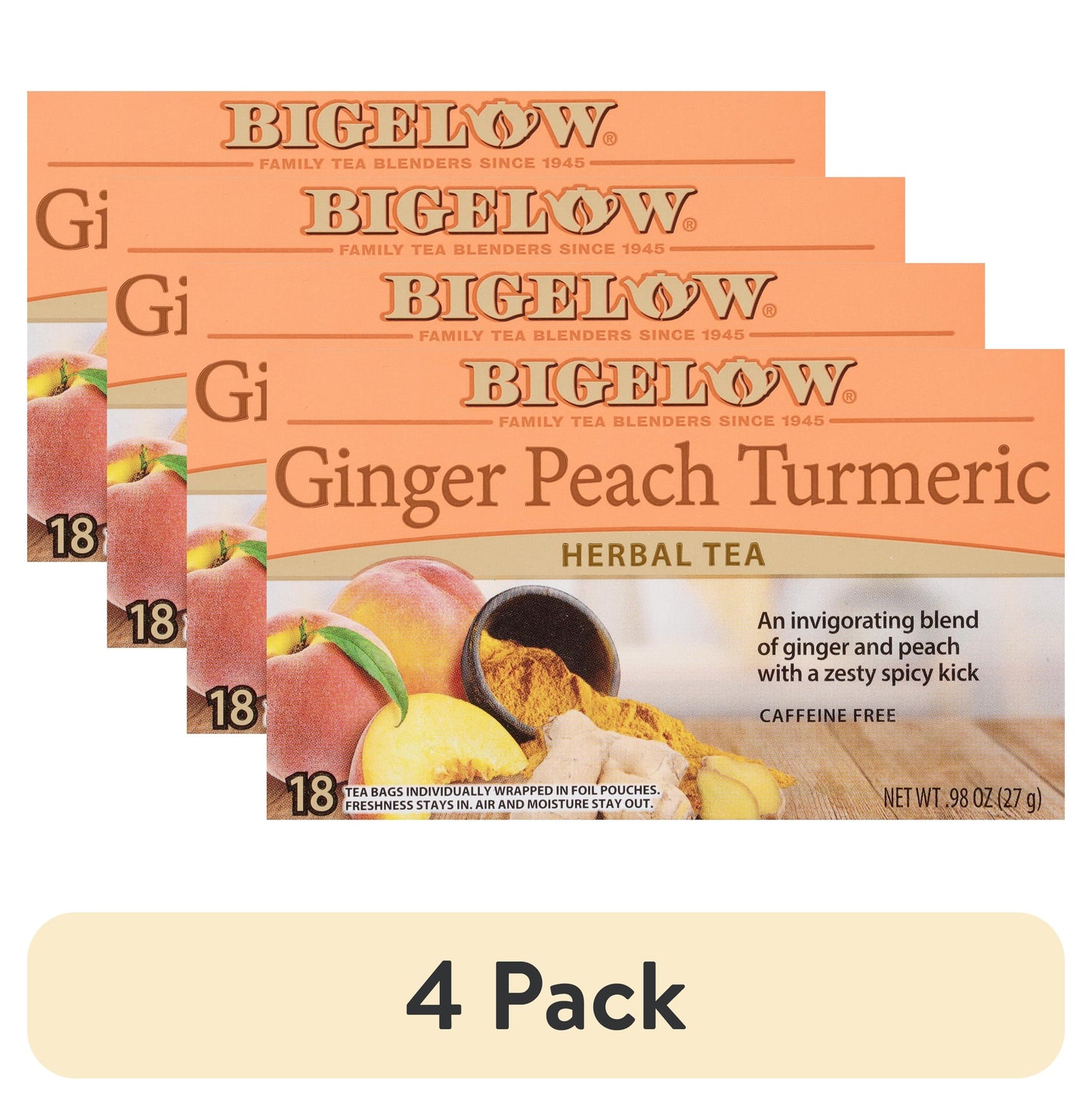 (4 Pack) Ginger Peach Tumeric, Caffeine Free, Herbal Tea Bags, 18 Count