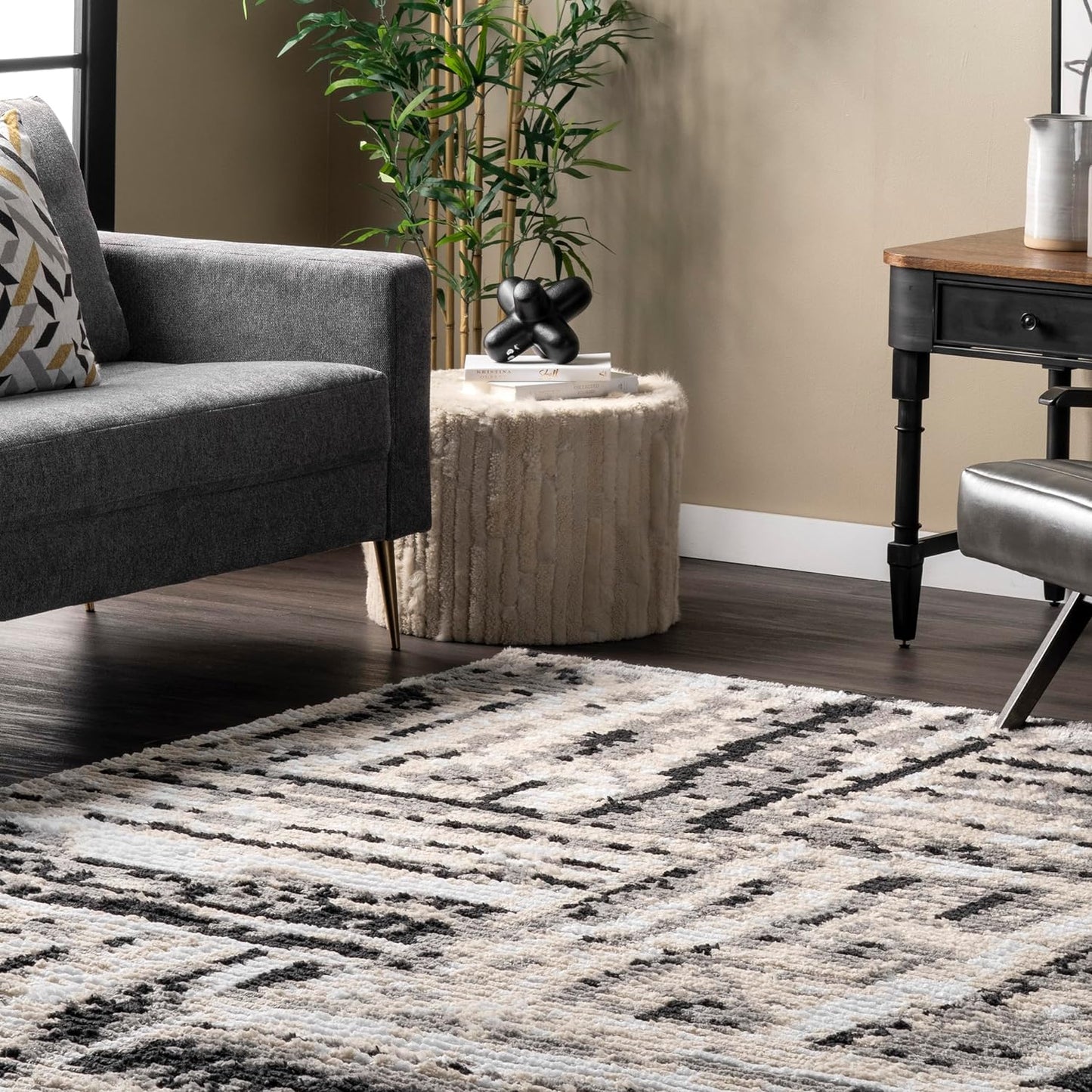 Nicolette Abstract Tile Soft Shag Fringe Accent Rug, 3X5, Beige