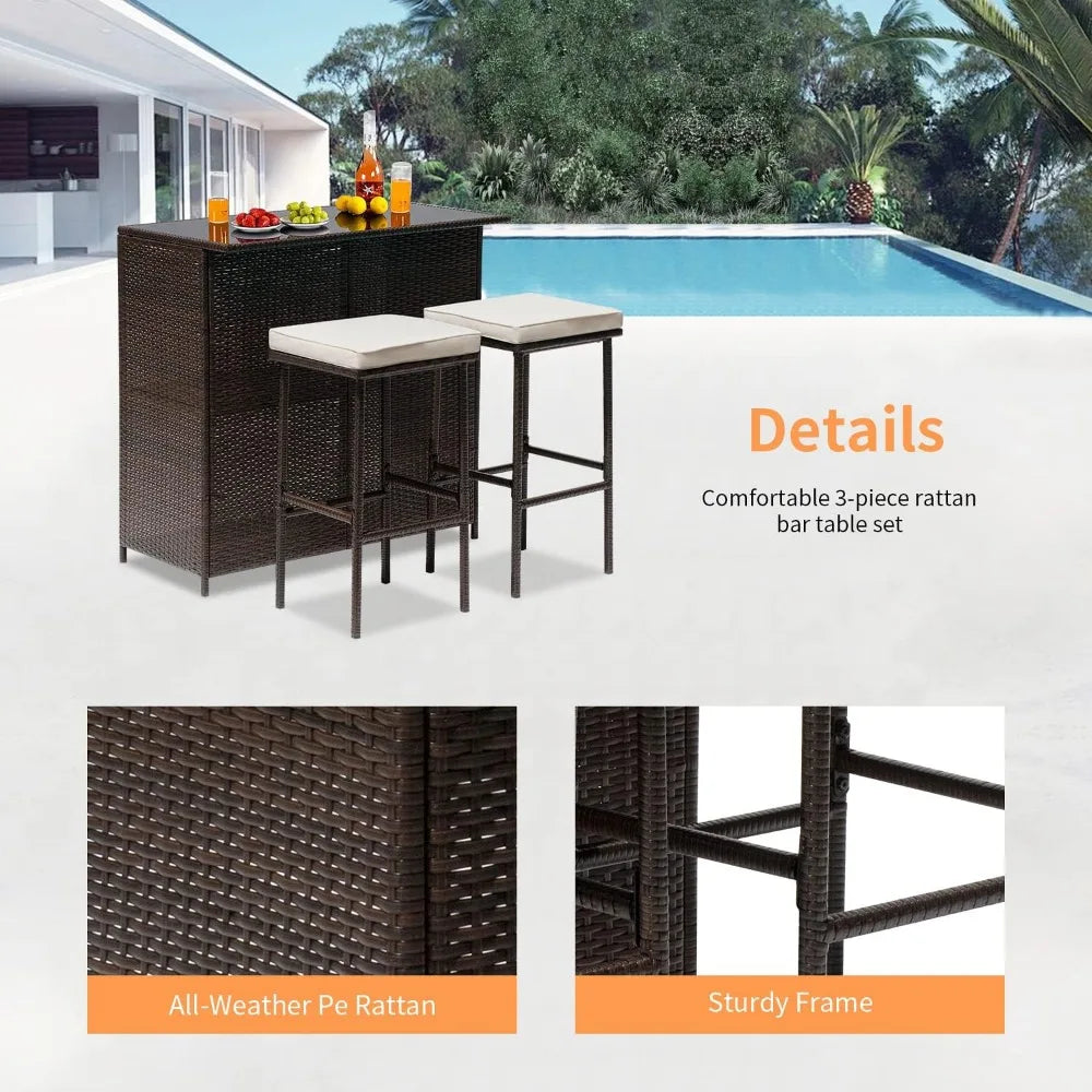 3PCS Patio Bar Set Outdoor Furniture Set Wicker Bistro Set with Two Stools for Patio Backyard Balcony Garden Furniture Sets