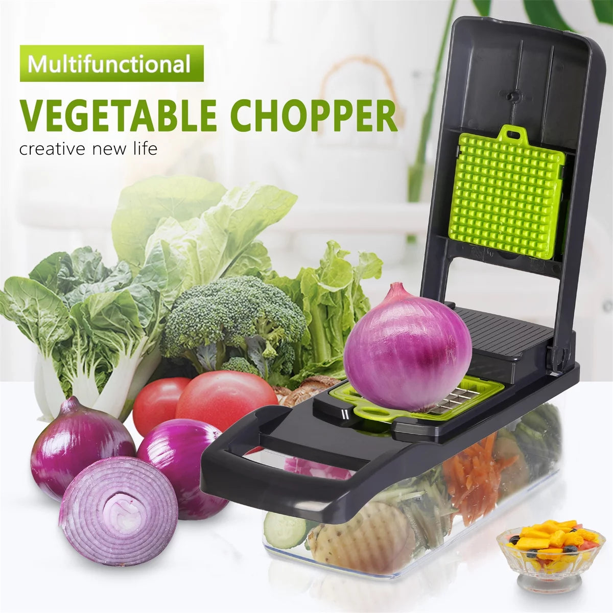 Vegetable Chopper, Multi-Functional 12-In-1 Food Chopper Onion Chopper with Draining Basket, Veggie Chopper, Kitchen Vegetable Slicer Cutter Dicer, Onion Salad Chopper Potato Slicer with Container