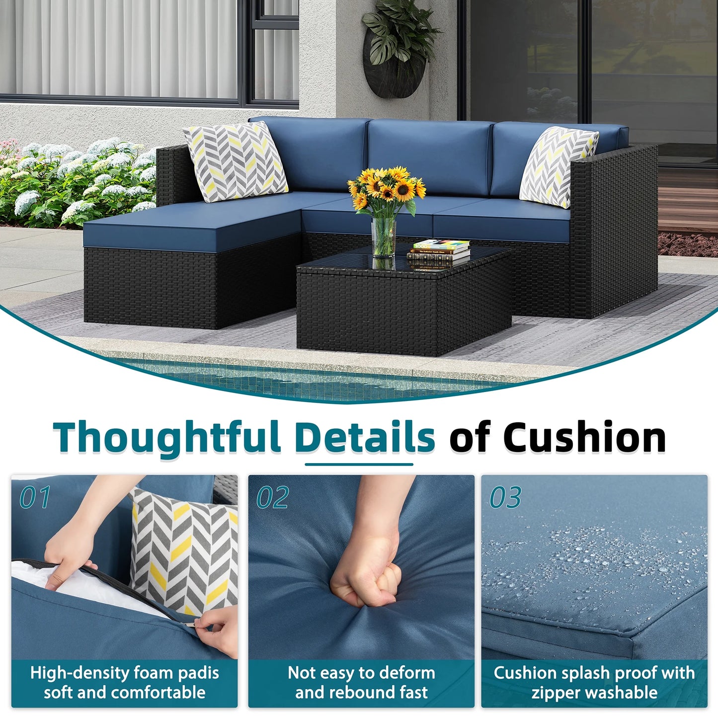 3 Piece Khaki Outdoor Furniture Sectional Sofa Patio Set with Silver Gray Rattan Wicker