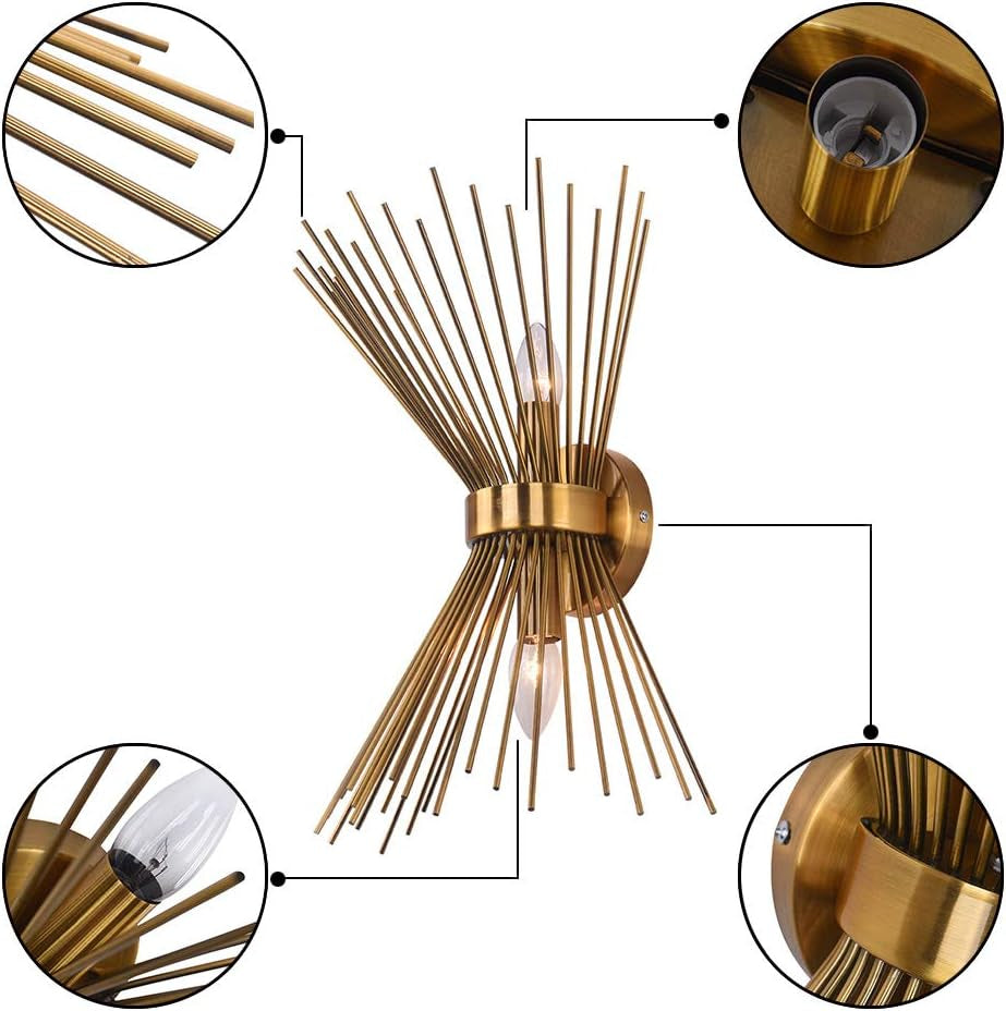 2-Light Vanity Light Mid-Century Modern Starburst Wall Sconce Lamp Sunburst Sconce Gold Lamp for Powder Room Bedroom Bathroom