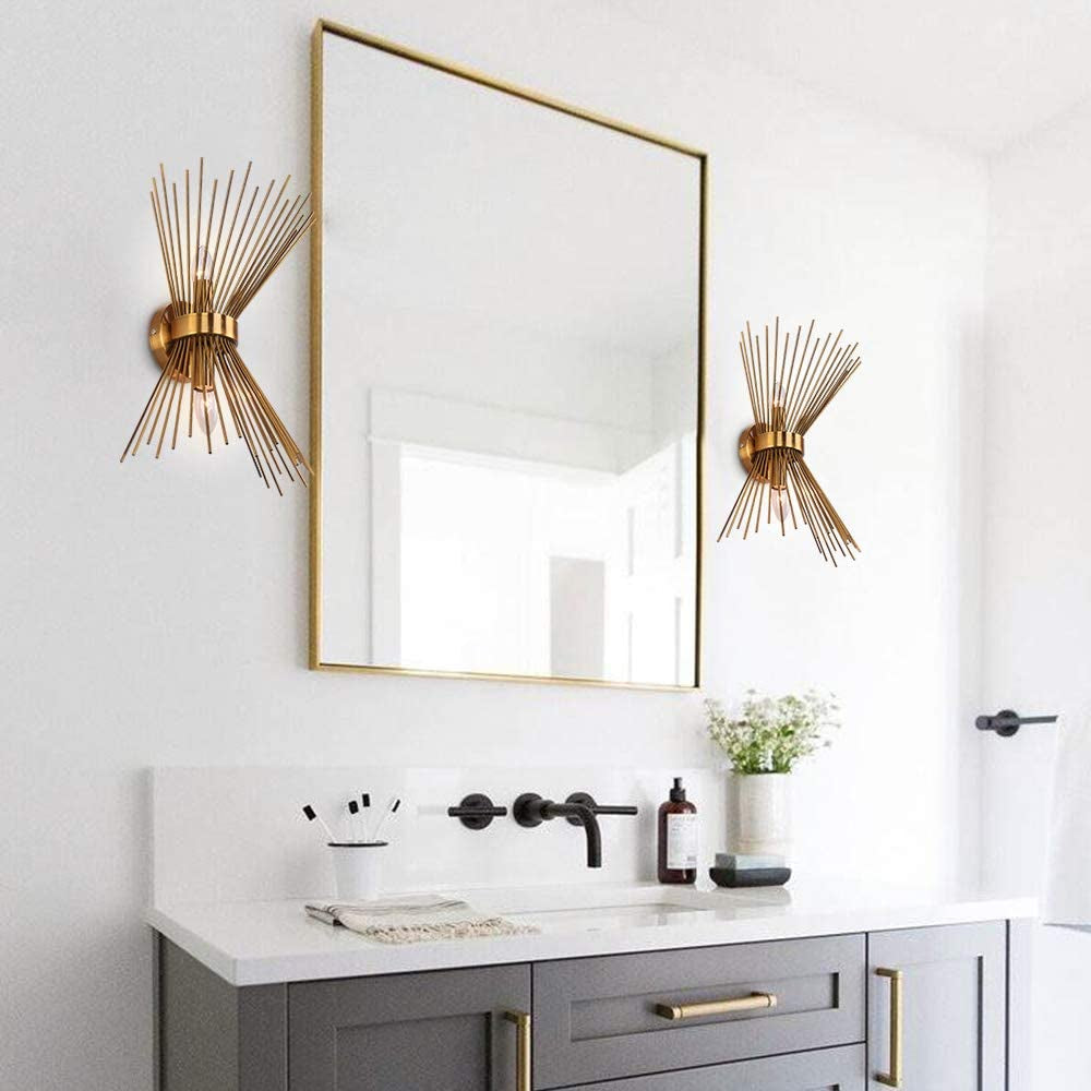 2-Light Vanity Light Mid-Century Modern Starburst Wall Sconce Lamp Sunburst Sconce Gold Lamp for Powder Room Bedroom Bathroom
