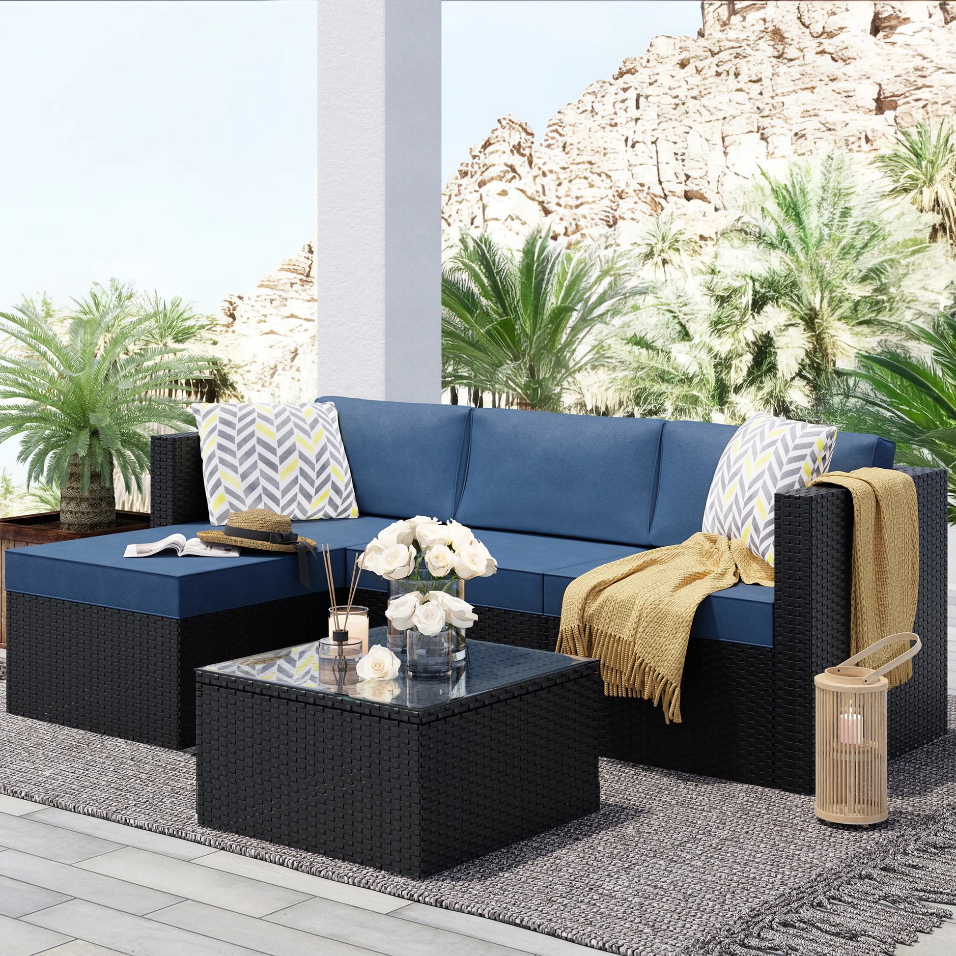 3 Piece Khaki Outdoor Furniture Sectional Sofa Patio Set with Silver Gray Rattan Wicker
