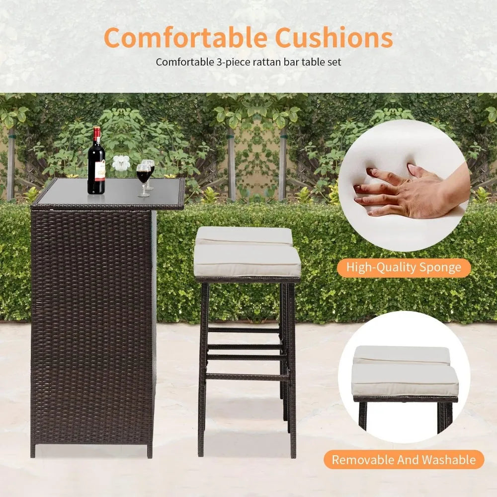 3PCS Patio Bar Set Outdoor Furniture Set Wicker Bistro Set with Two Stools for Patio Backyard Balcony Garden Furniture Sets