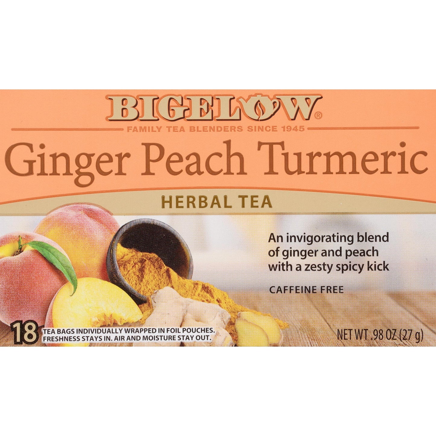 (4 Pack)  Ginger Peach Tumeric, Caffeine Free, Herbal Tea Bags, 18 Count
