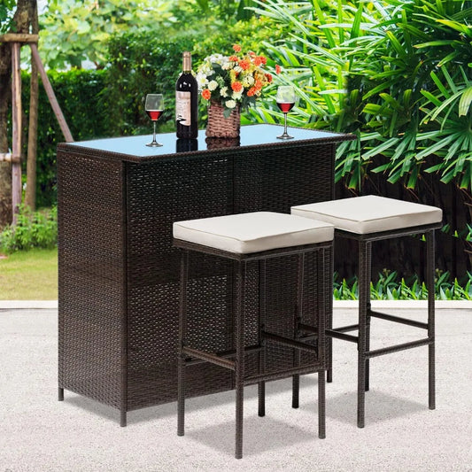 3PCS Patio Bar Set Outdoor Furniture Set Wicker Bistro Set with Two Stools for Patio Backyard Balcony Garden Furniture Sets