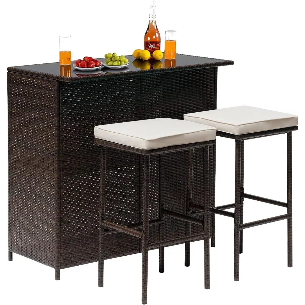3PCS Patio Bar Set Outdoor Furniture Set Wicker Bistro Set with Two Stools for Patio Backyard Balcony Garden Furniture Sets