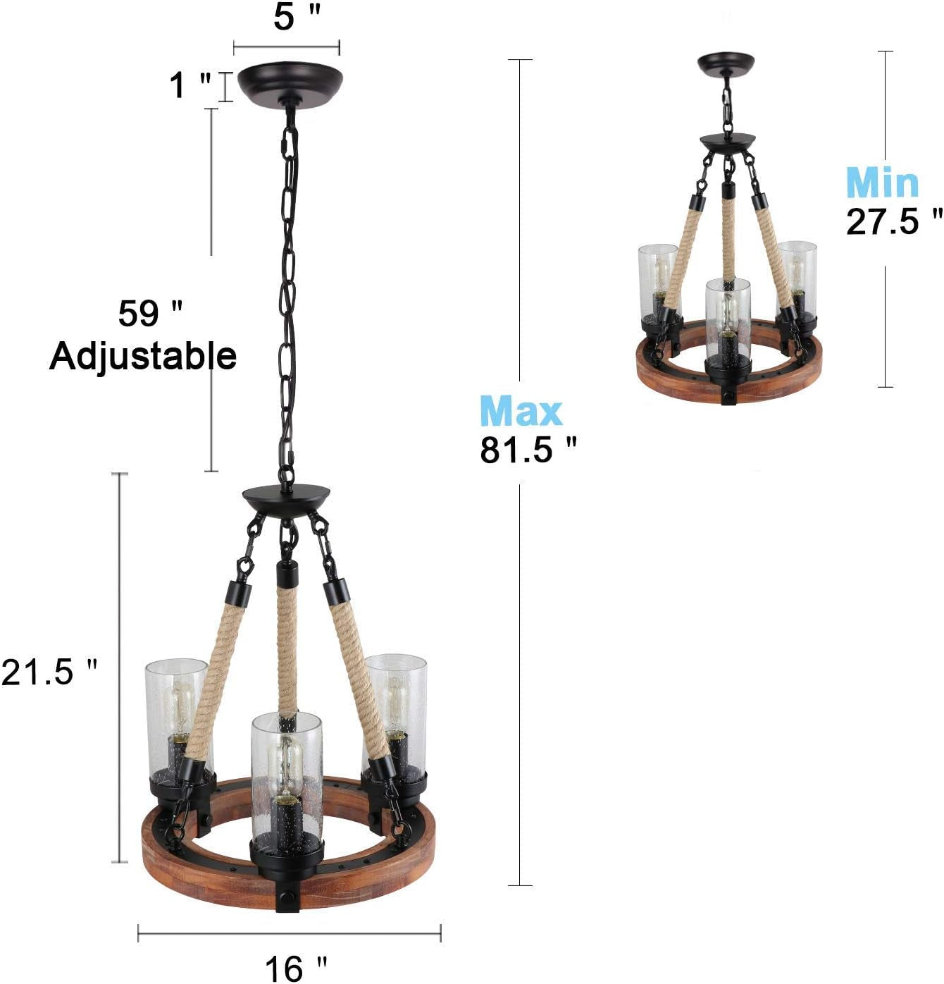 Wooden Ring Hemp Rope Chandelier Retro Farmhouse Pendant Lighting round Wagon Wheel Light Fixtures 3 Lights with Glass Shade, Brown (C0047)