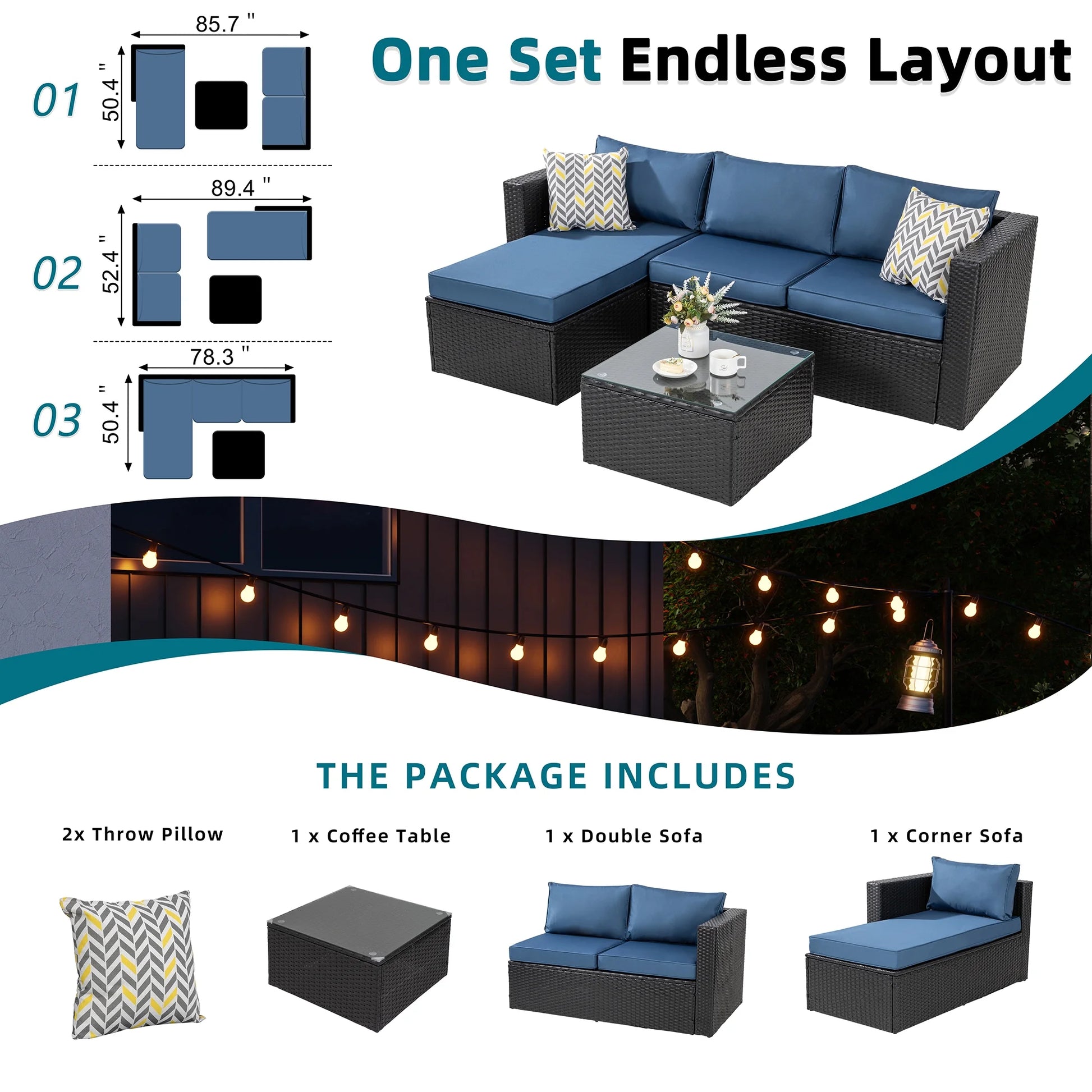 3 Piece Khaki Outdoor Furniture Sectional Sofa Patio Set with Silver Gray Rattan Wicker