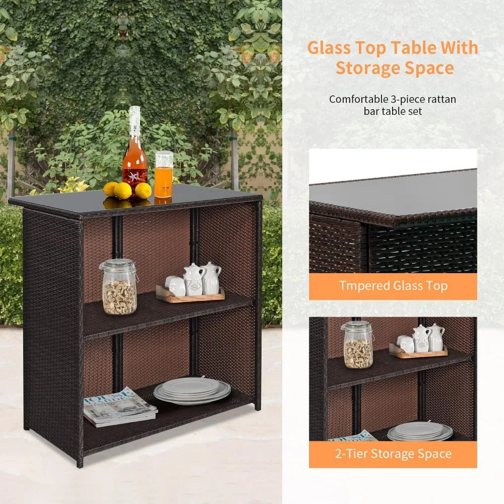 3PCS Patio Bar Set Outdoor Furniture Set Wicker Bistro Set with Two Stools for Patio Backyard Balcony Garden Furniture Sets