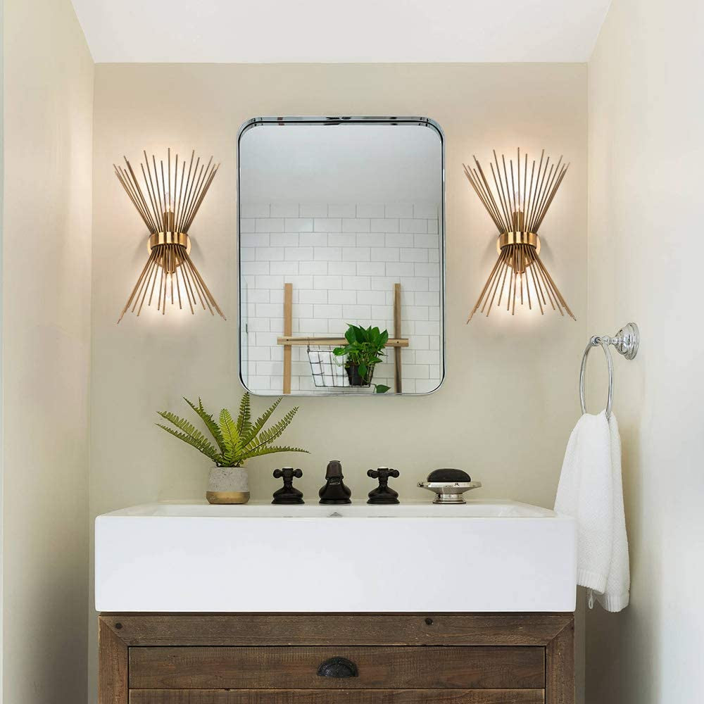 2-Light Vanity Light Mid-Century Modern Starburst Wall Sconce Lamp Sunburst Sconce Gold Lamp for Powder Room Bedroom Bathroom