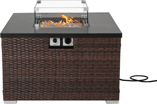 Outdoor Propane Burning Fire Table, Dark Brown Rattan Fire Fit Table 40,000 BTU, Waterproof Cover for Garden, Backyard