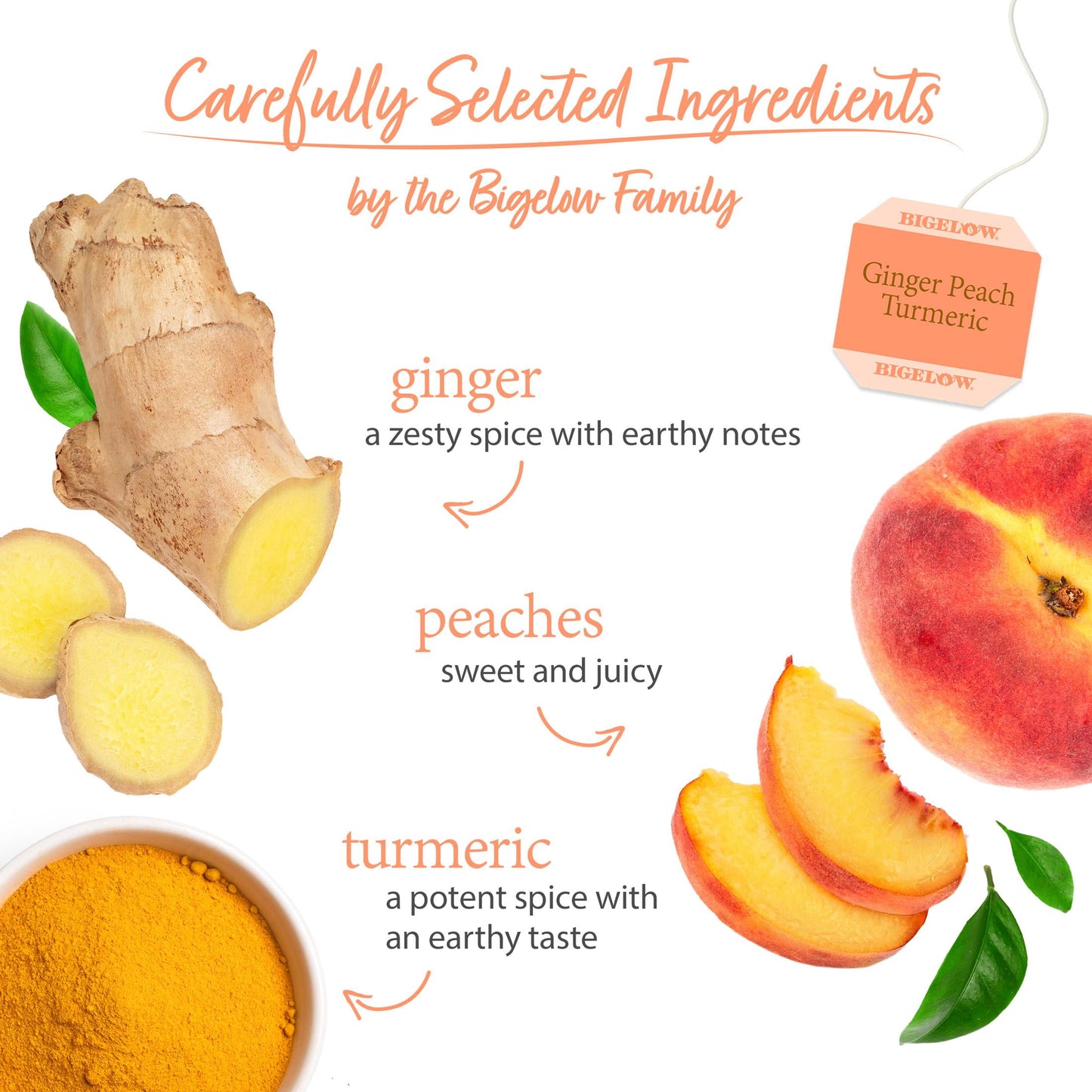(4 Pack)  Ginger Peach Tumeric, Caffeine Free, Herbal Tea Bags, 18 Count
